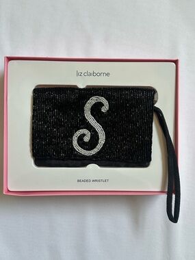 Liz Claiborne Black Beaded Wristlet with White Beaded "S" Initial